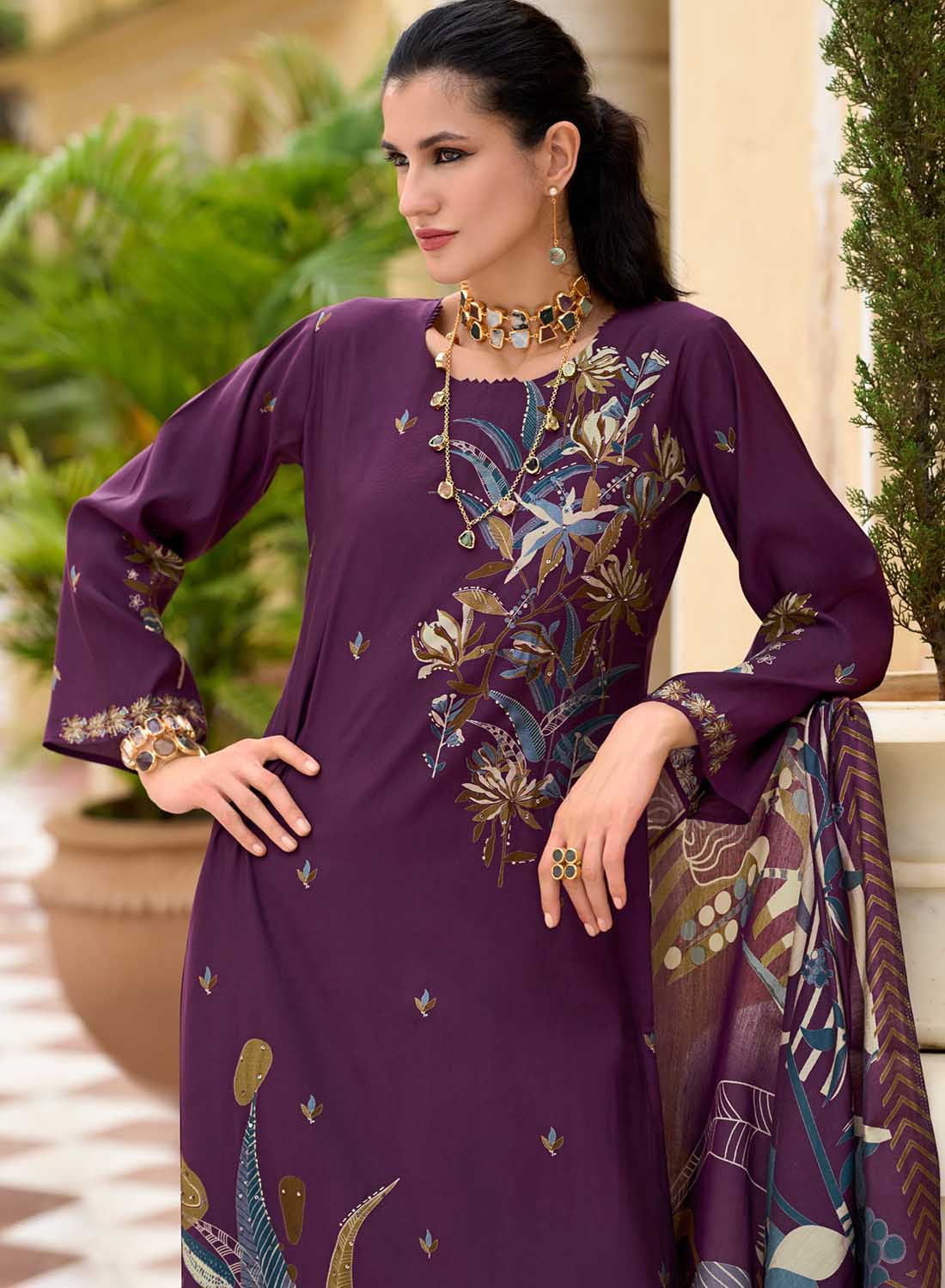 Party Wear Purple Modal Silk Unstitched Salwar Suit Material for Women