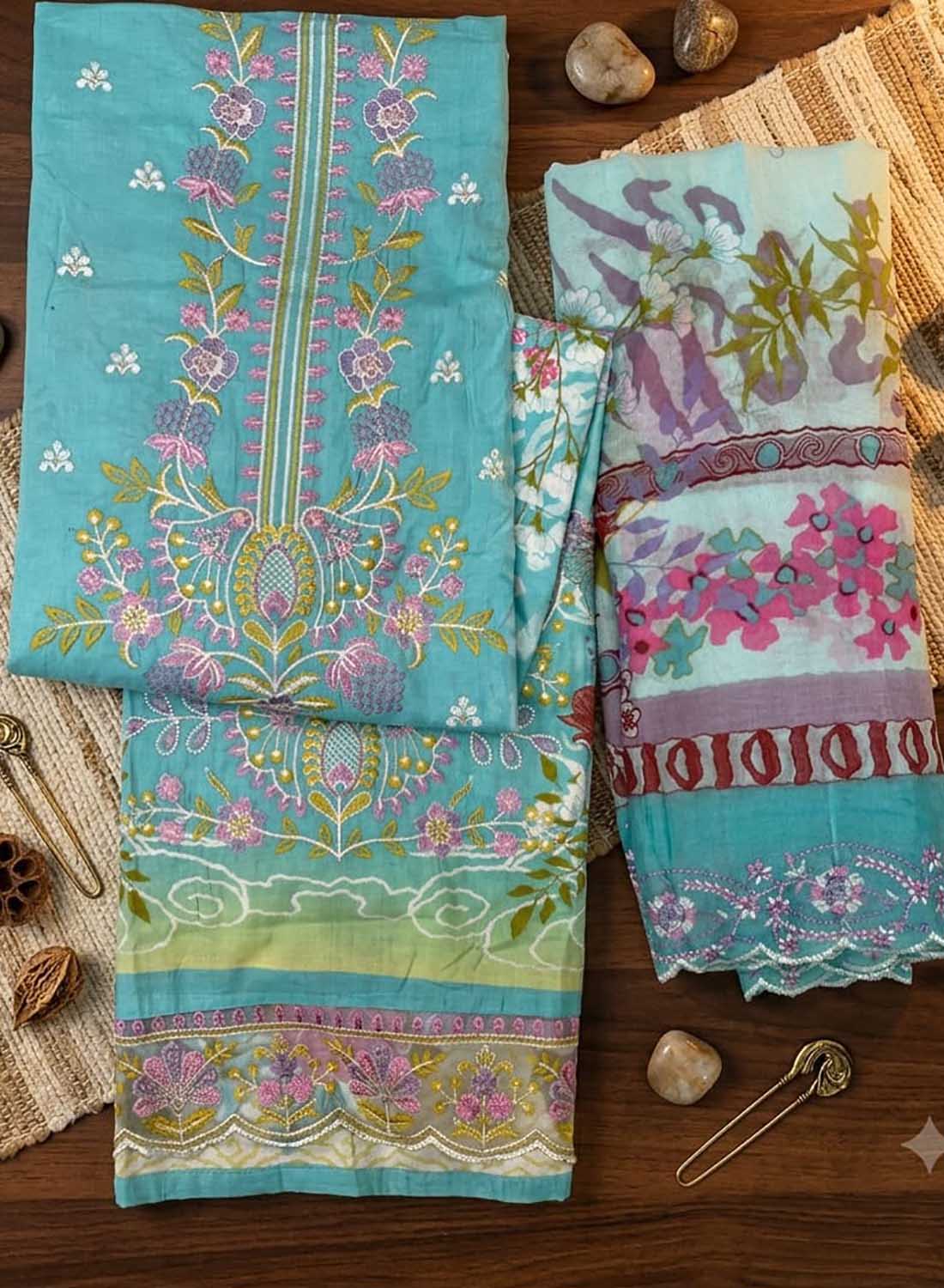 Unstitched Pakistani Pure Cotton Suit Dress Material with Embroidery