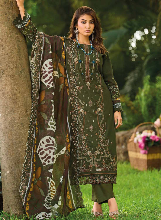 Unstitched Pure Cotton Pakistani Suit Material with Embroidery Dark Green
