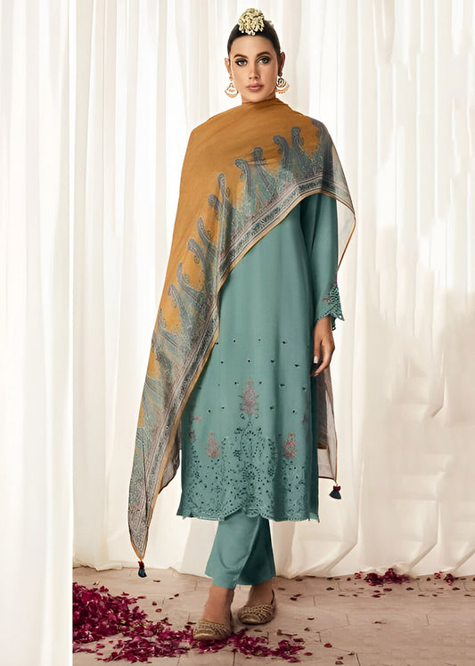 Kimora Pure Pashmina Winter Suit Dress Material with Silk Dupatta