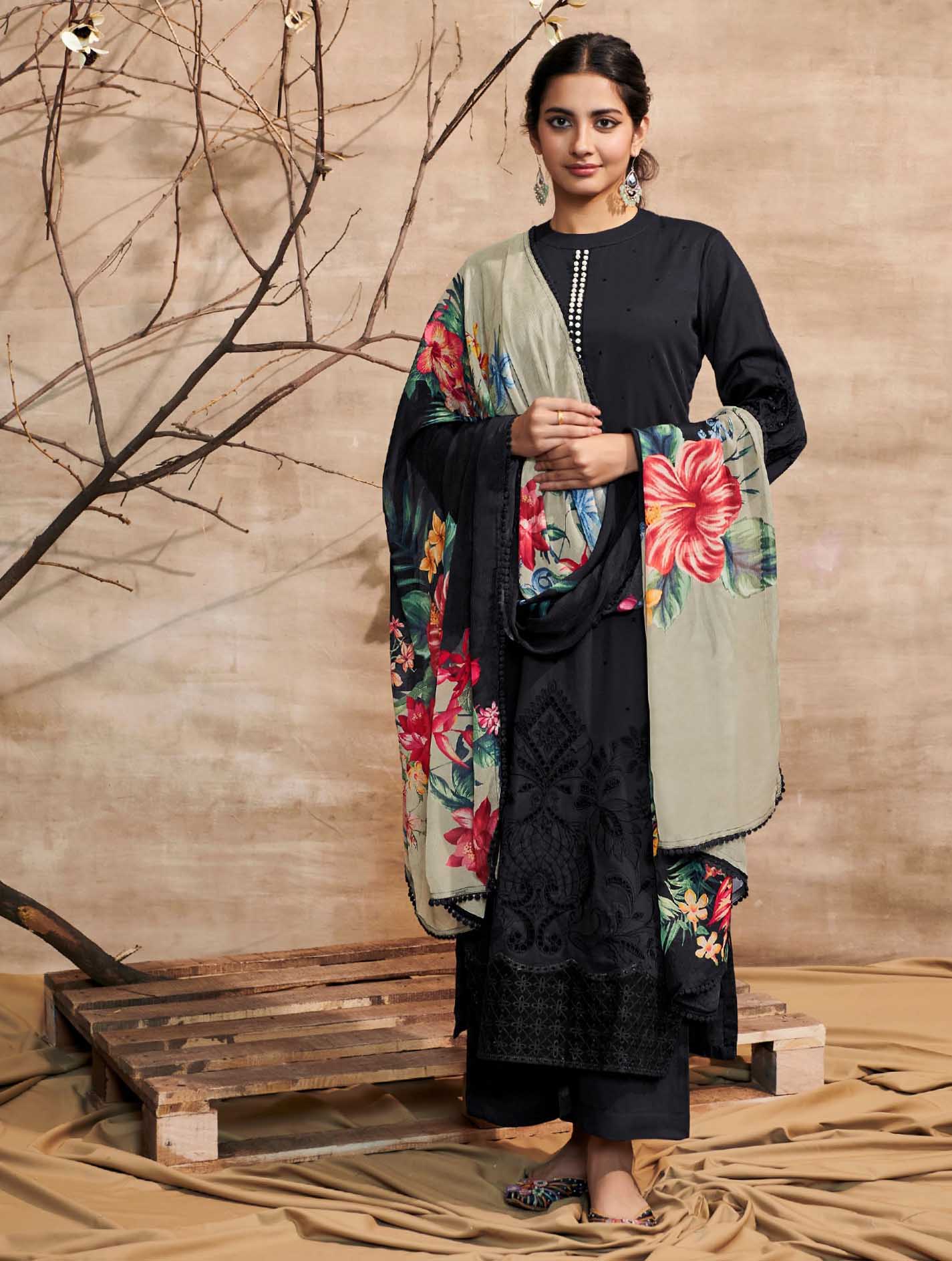 Kimora Cotton Satin Unstitched Suit Dress Material Black Kimora