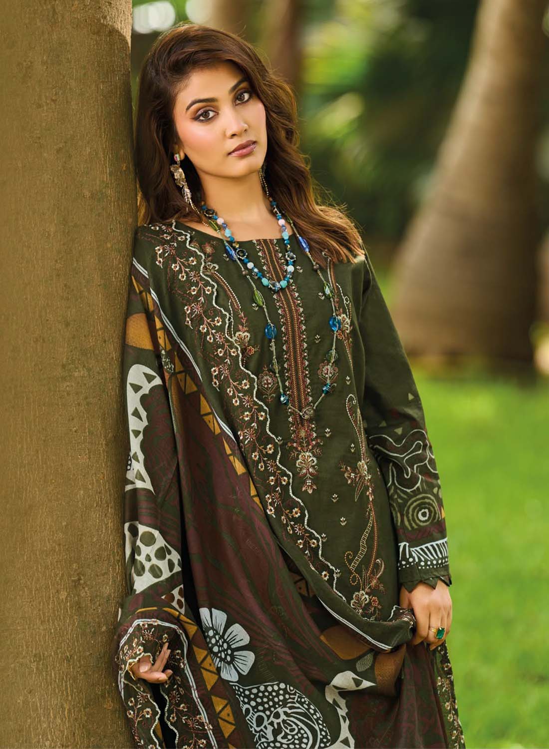 Unstitched Pure Cotton Pakistani Suit Material with Embroidery Dark Green