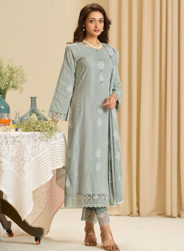 Pure Cambric Cotton Grey Unstitched Suit Set Material with Embroidery