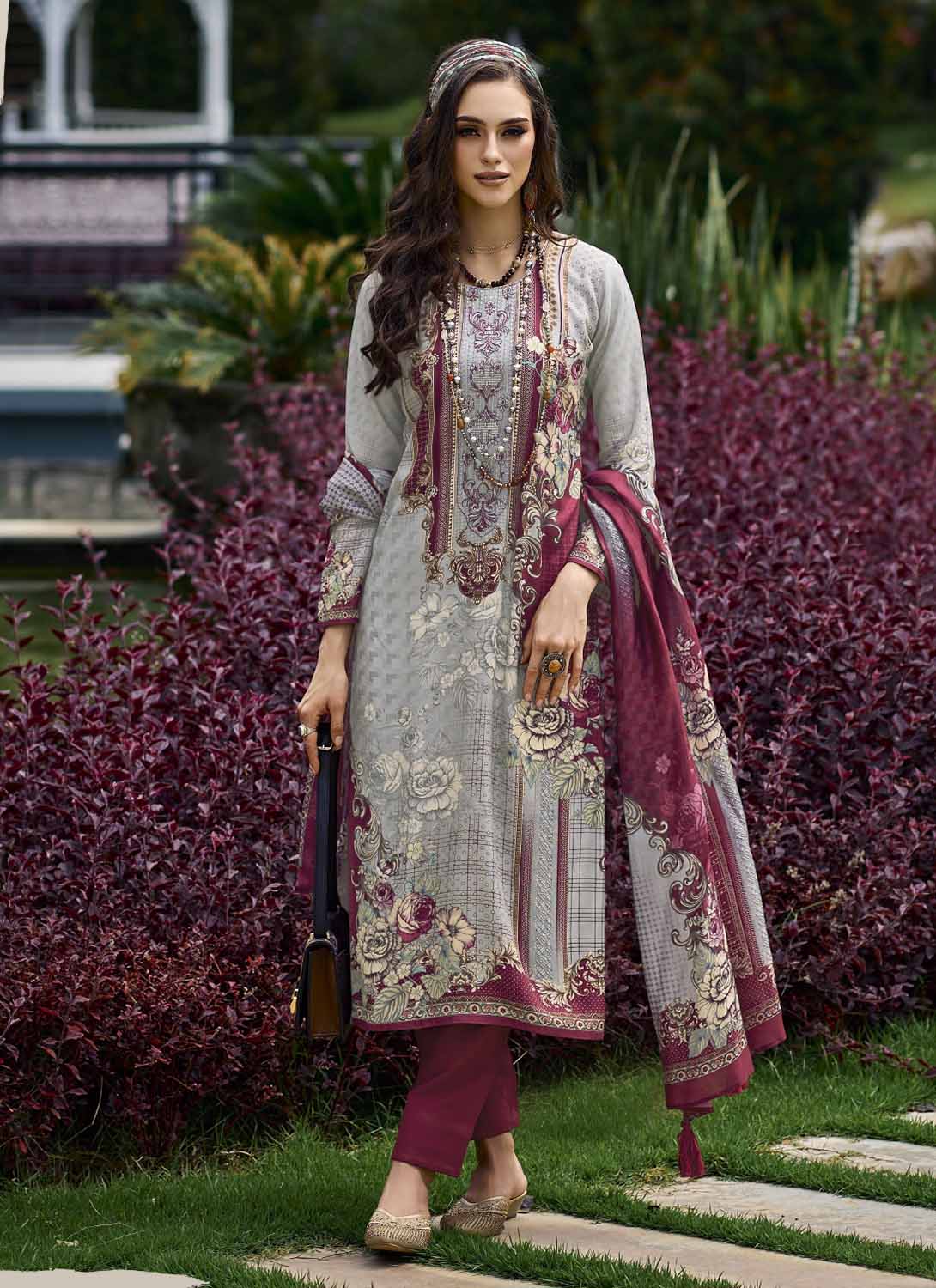 Pakistani Print Pashmina Grey Unstitched Winter Suits for Women Cinderella