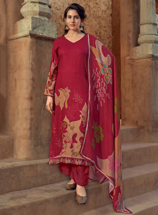 Red Winter Pashmina Unstitched Salwar Suit Set Material for Women
