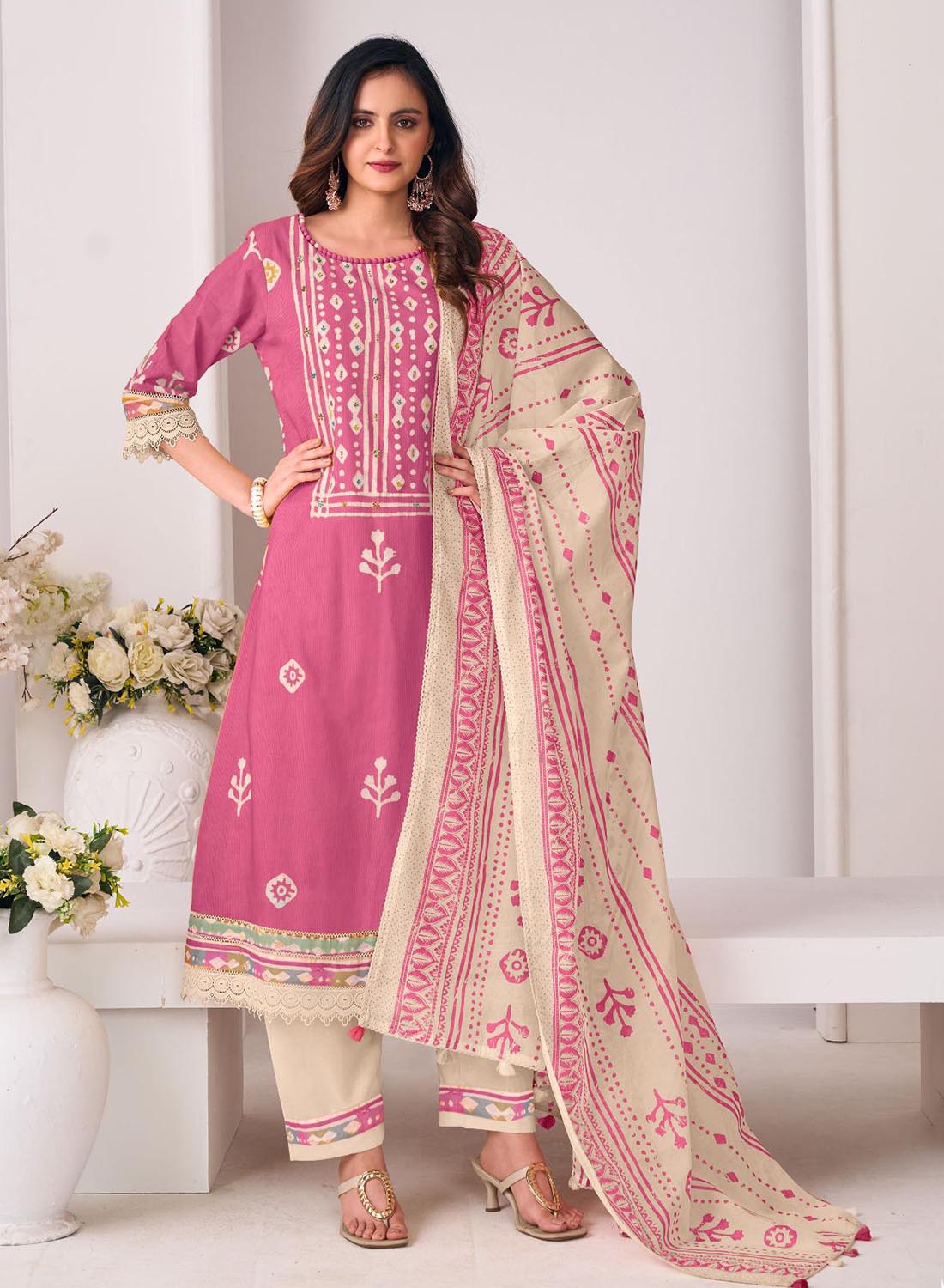 Pink Block Print Unstitched Cotton Suit Dress Material with Dupatta