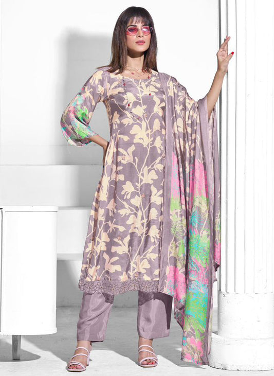 Party Wear Pure Muslin Purple Unstitched Suit Dress Material for Women