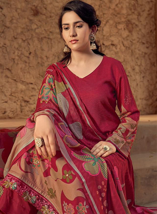 Red Winter Pashmina Unstitched Salwar Suit Set Material for Women