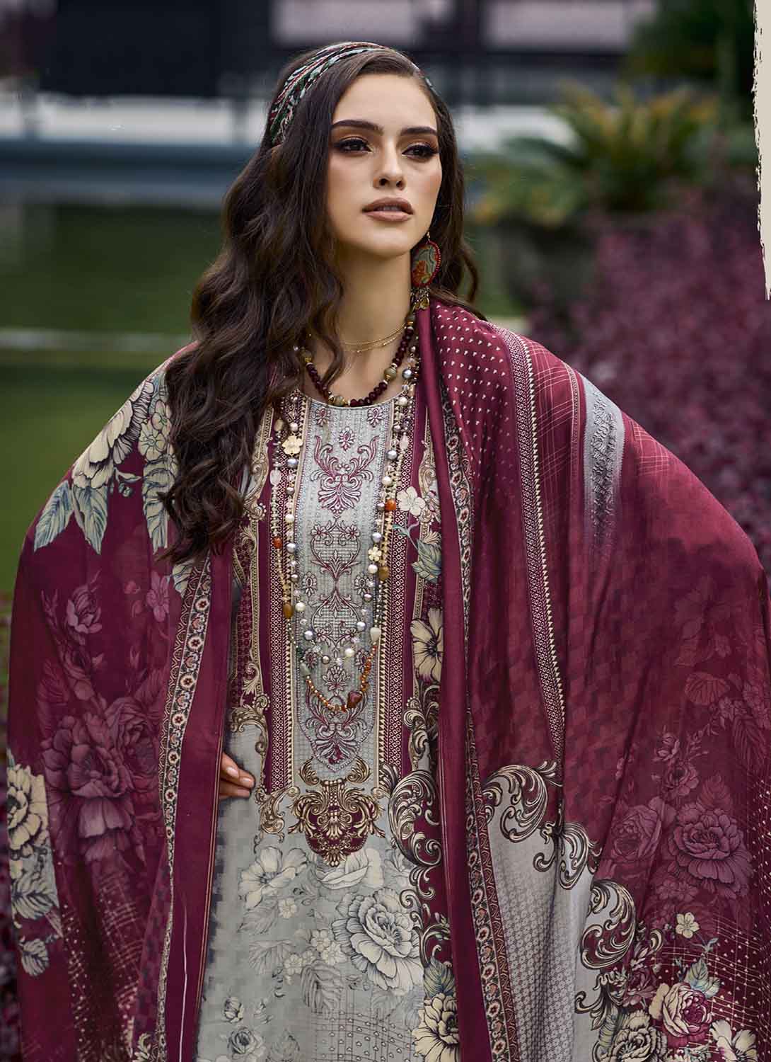 Pakistani Print Pashmina Grey Unstitched Winter Suits for Women Cinderella