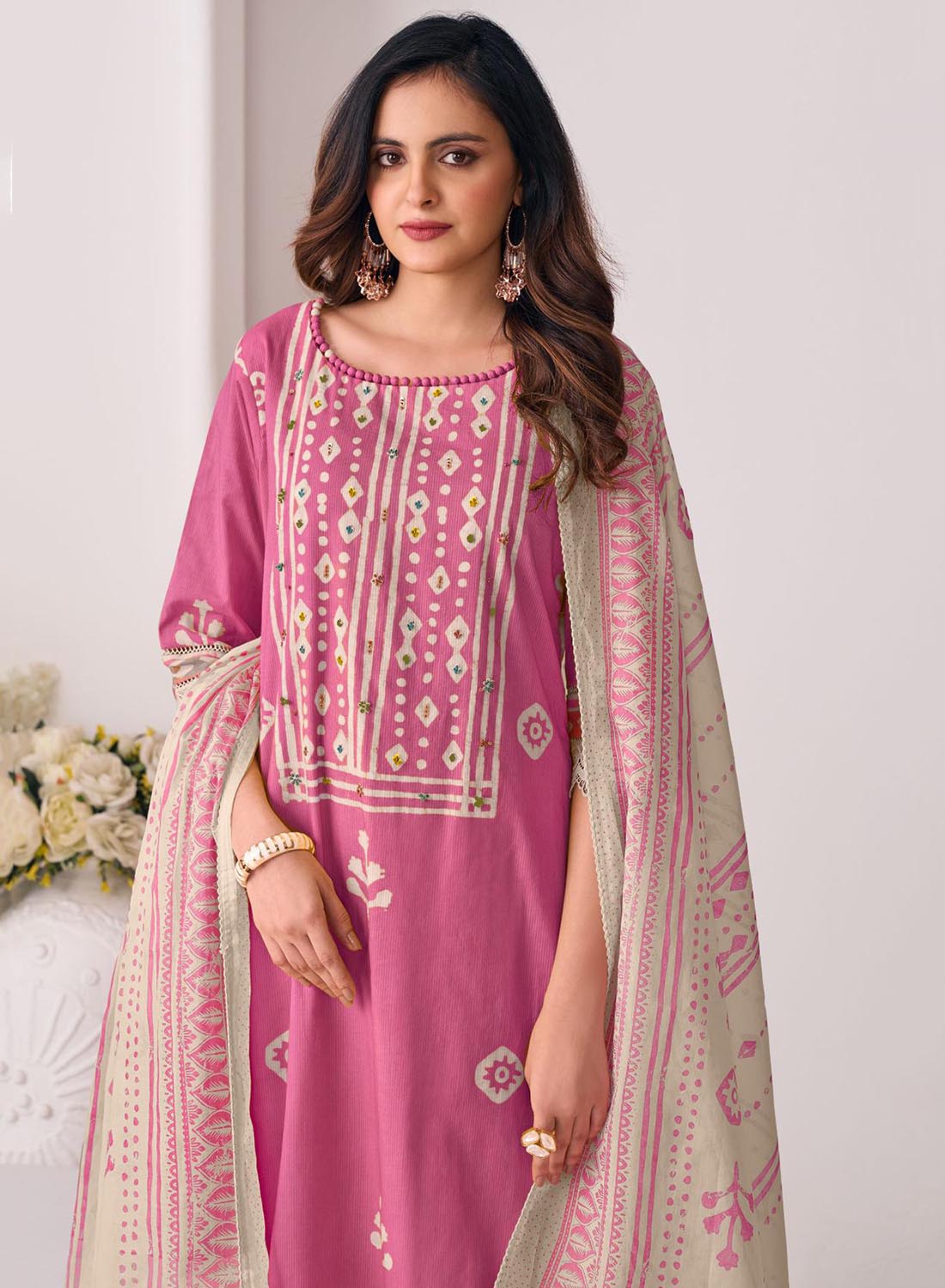 Pink Block Print Unstitched Cotton Suit Dress Material with Dupatta