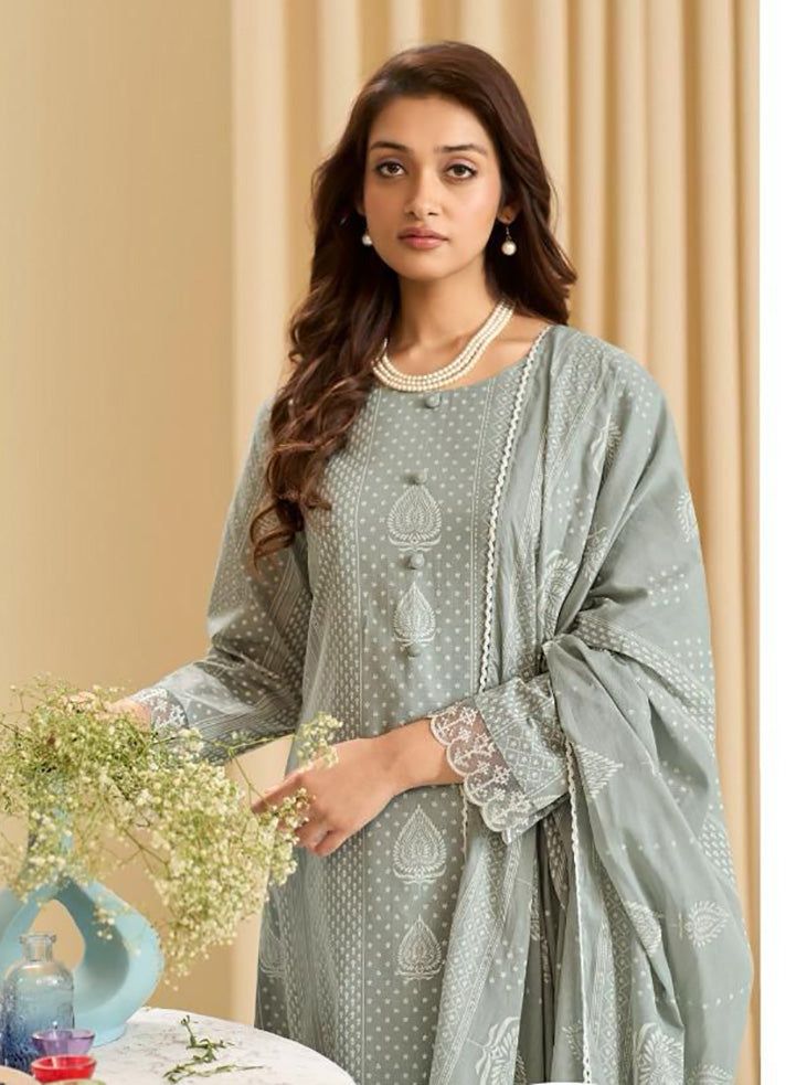 Pure Cambric Cotton Grey Unstitched Suit Set Material with Embroidery