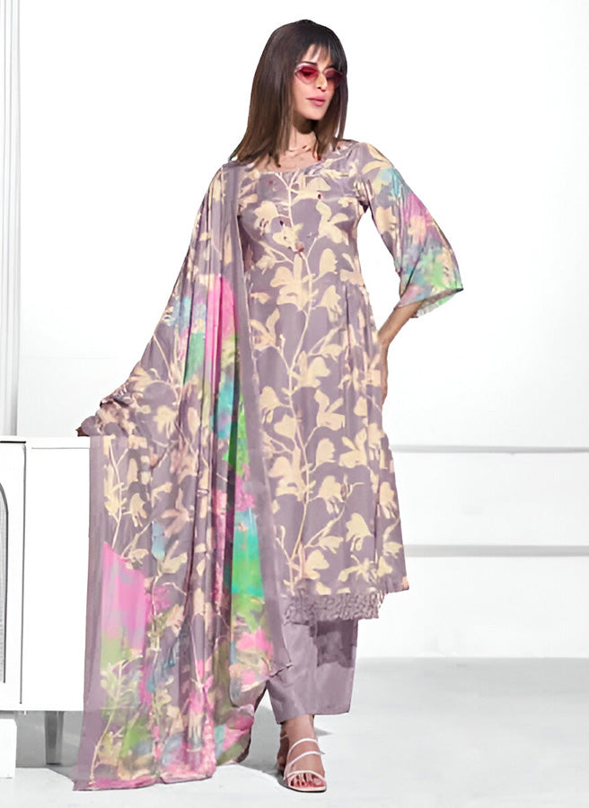 Party Wear Pure Muslin Purple Unstitched Suit Dress Material for Women