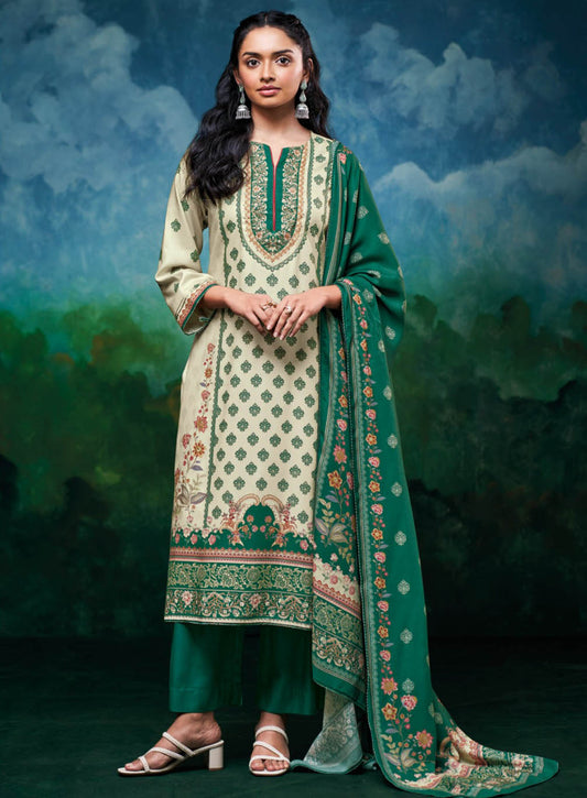 Ganga Pashmina Green Unstitched Winter Salwar Suit Material for Women
