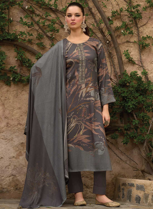 Grey Fancy Viscose Pashmina Printed Unstitched Winter Suit Dress Material