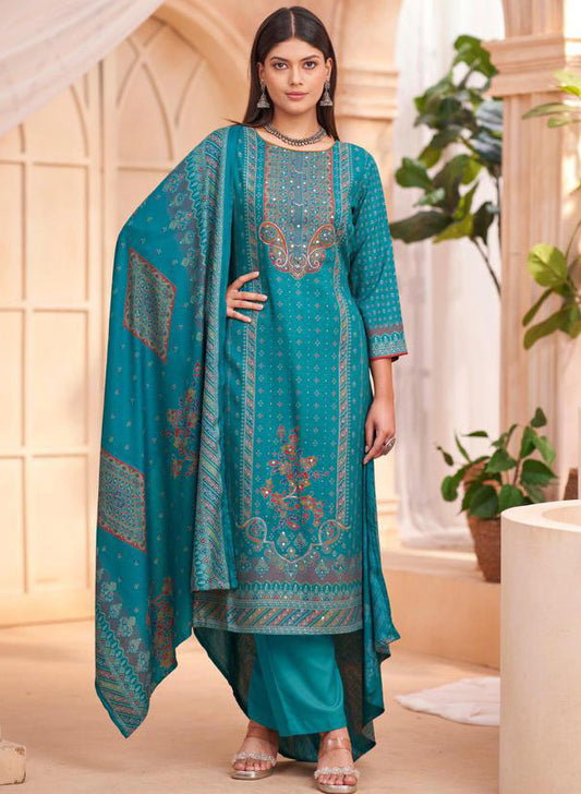 Teal Viscose Pashmina Unstitched Winter Salwar Suit Material for Women
