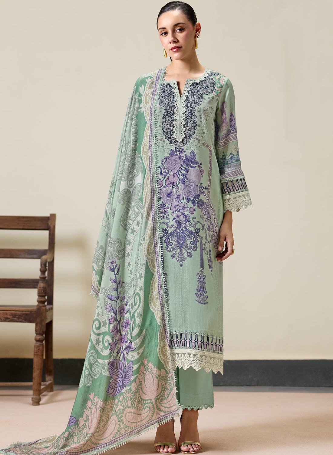 Green Unstitched Muslin Pakistani Suit Dress Material with Embroidery