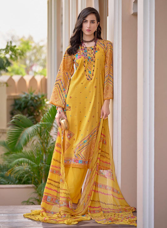 Yellow Pure Lawn Cotton Unstitched Salwar Suit Material with Dupatta