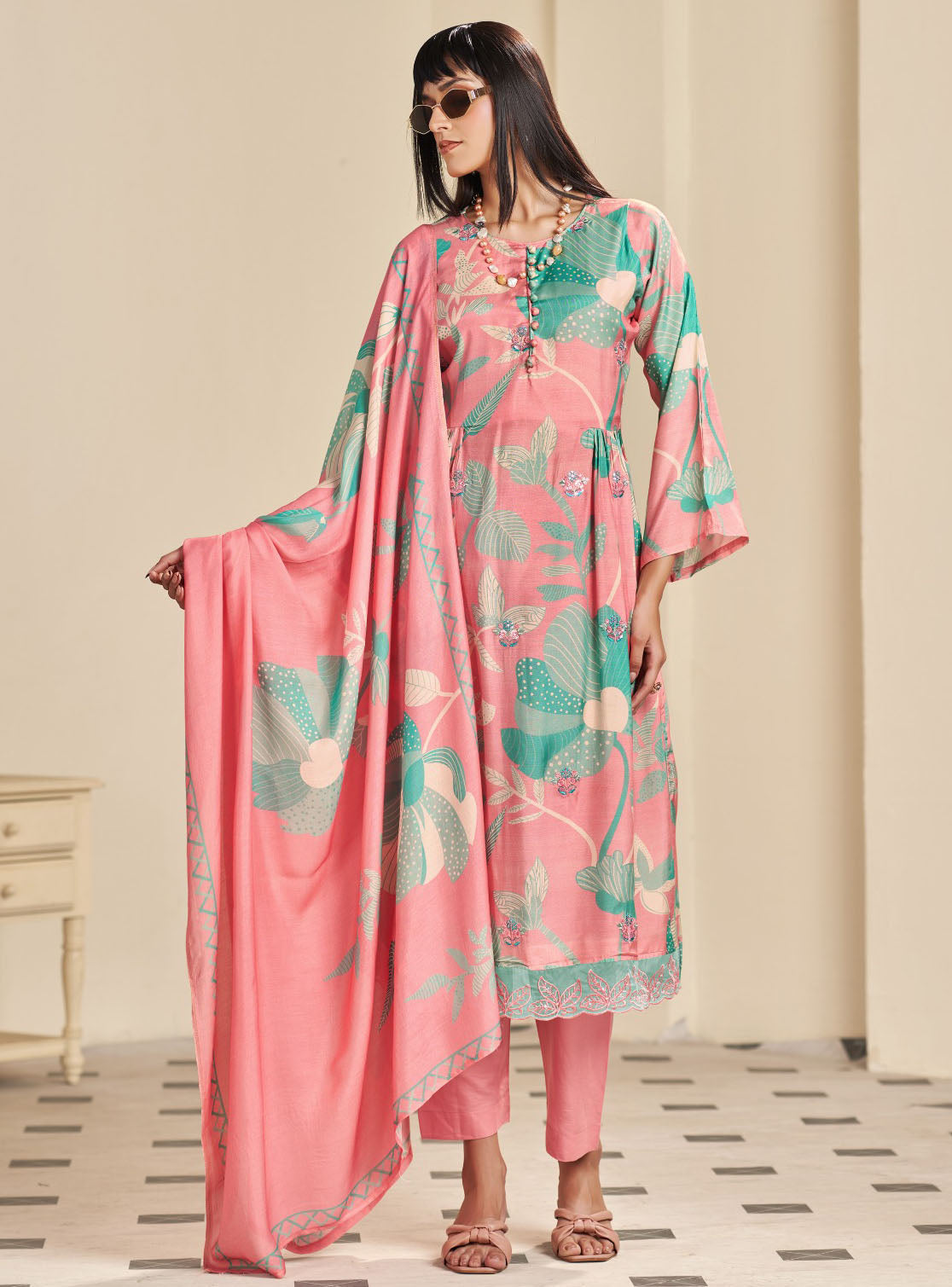 Party Wear Pure Muslin Pink Unstitched Salwar Suit Material for Women