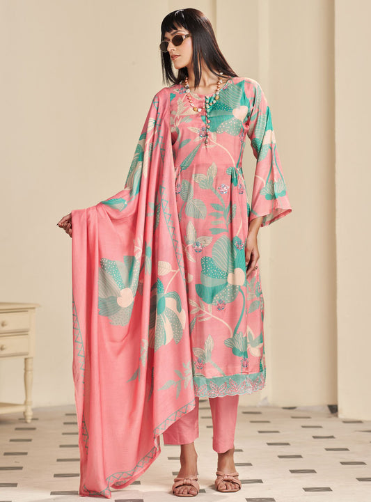 Party Wear Pure Muslin Pink Unstitched Salwar Suit Material for Women