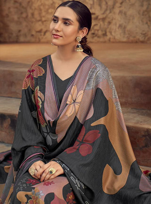 Black Winter Pashmina Unstitched Salwar Suit Set Material for Women
