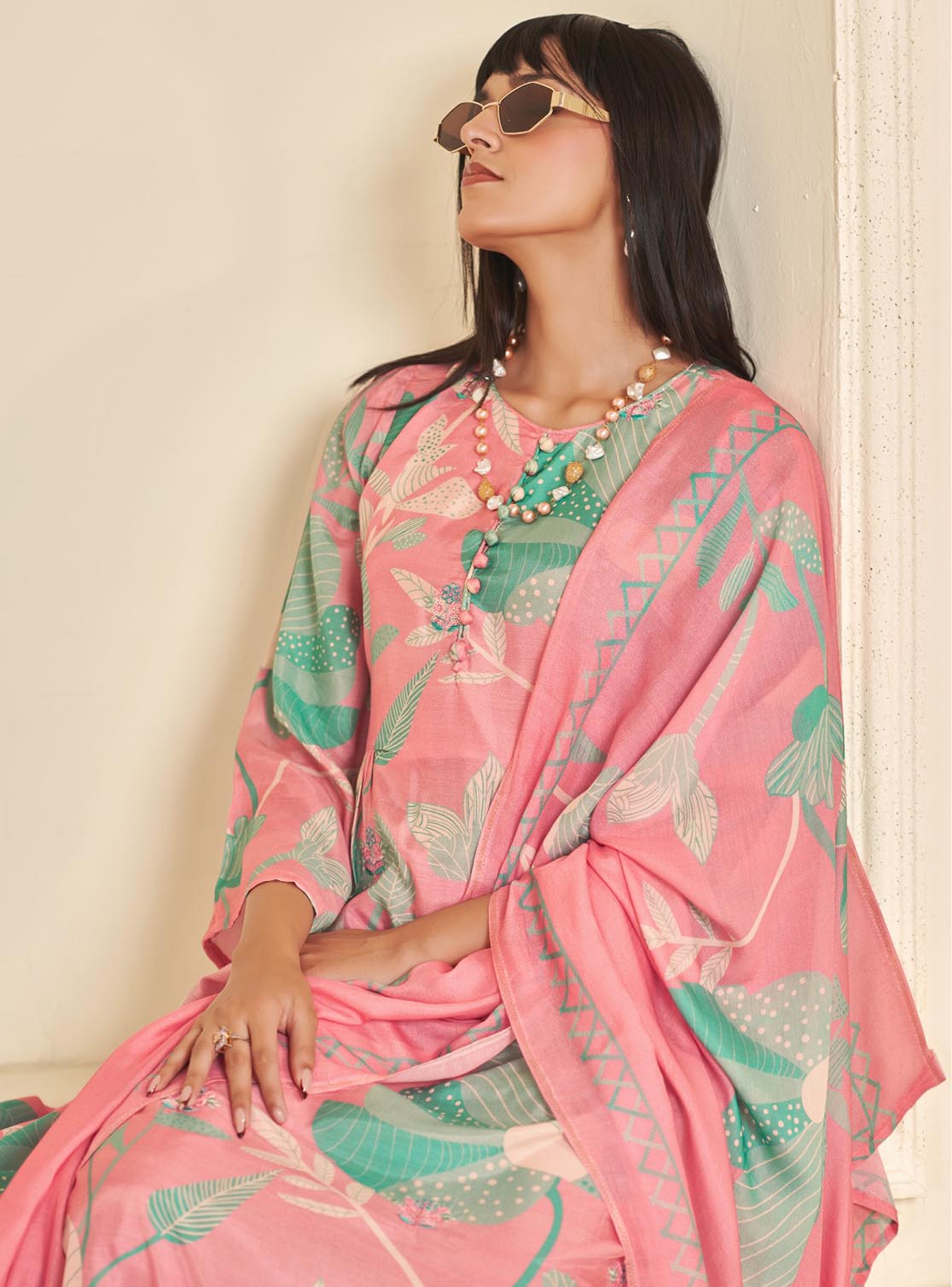 Party Wear Pure Muslin Pink Unstitched Salwar Suit Material for Women