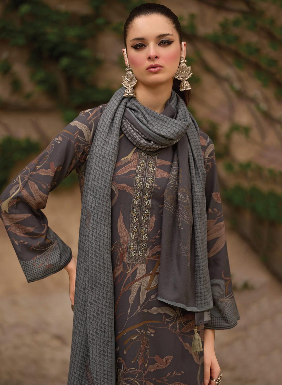 Grey Fancy Viscose Pashmina Printed Unstitched Winter Suit Dress Material