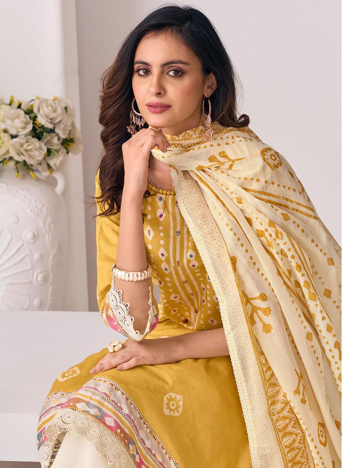 Yellow Block Print Unstitched Cotton Suit Dress Material with Dupatta