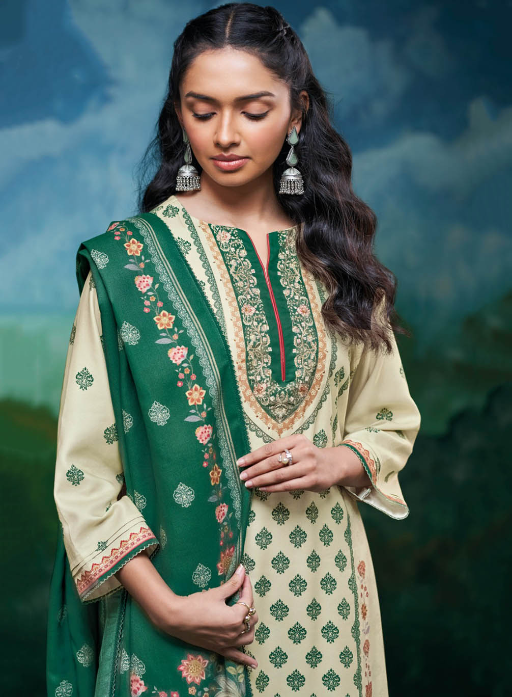 Ganga Pashmina Green Unstitched Winter Salwar Suit Material for Women