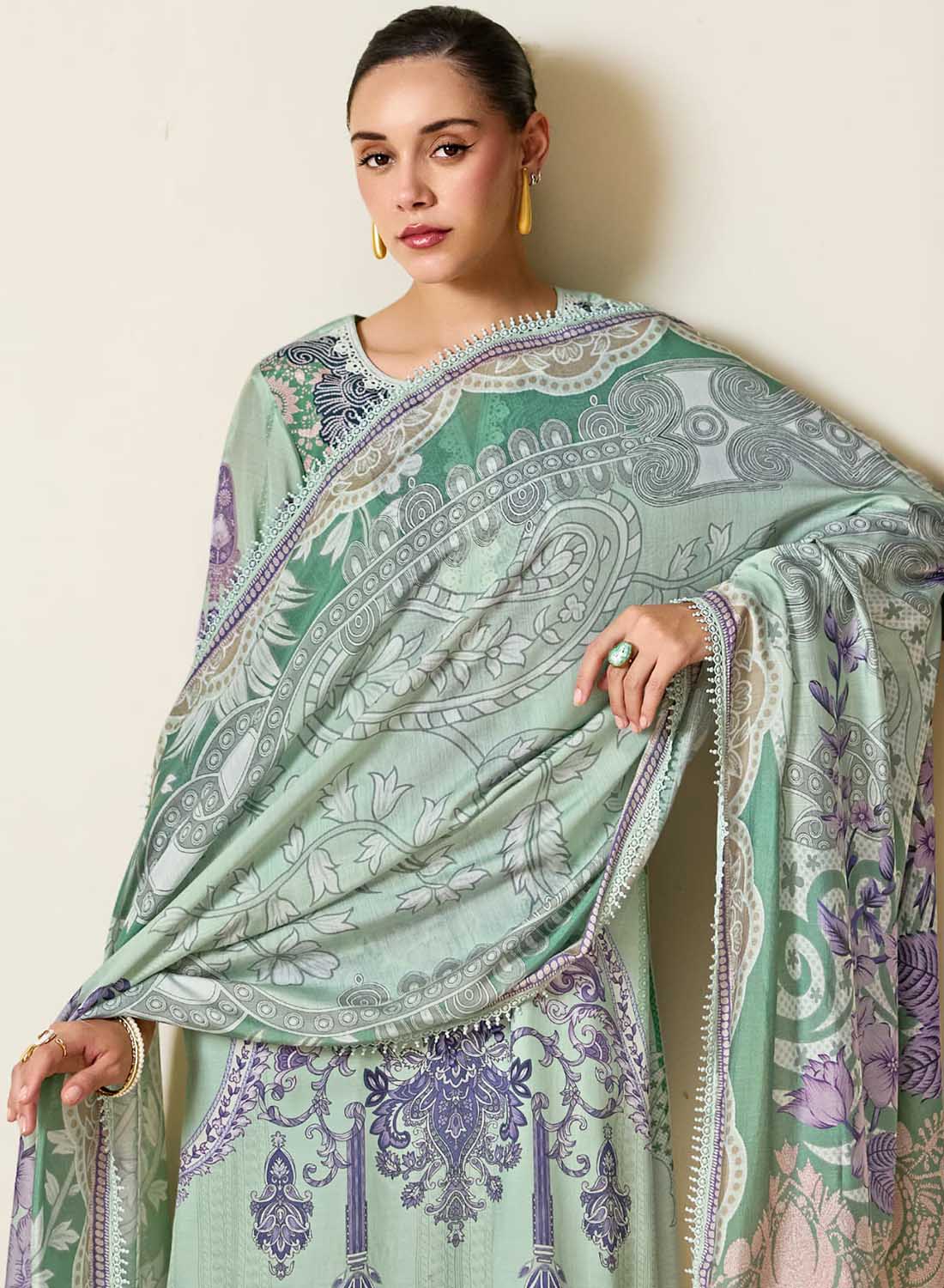 Green Unstitched Muslin Pakistani Suit Dress Material with Embroidery
