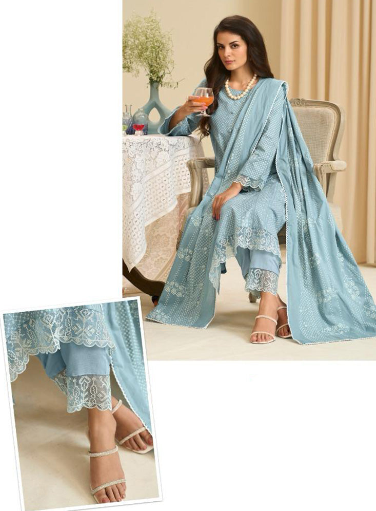 Pure Cambric Cotton Unstitched Suit Set Material with Embroidery