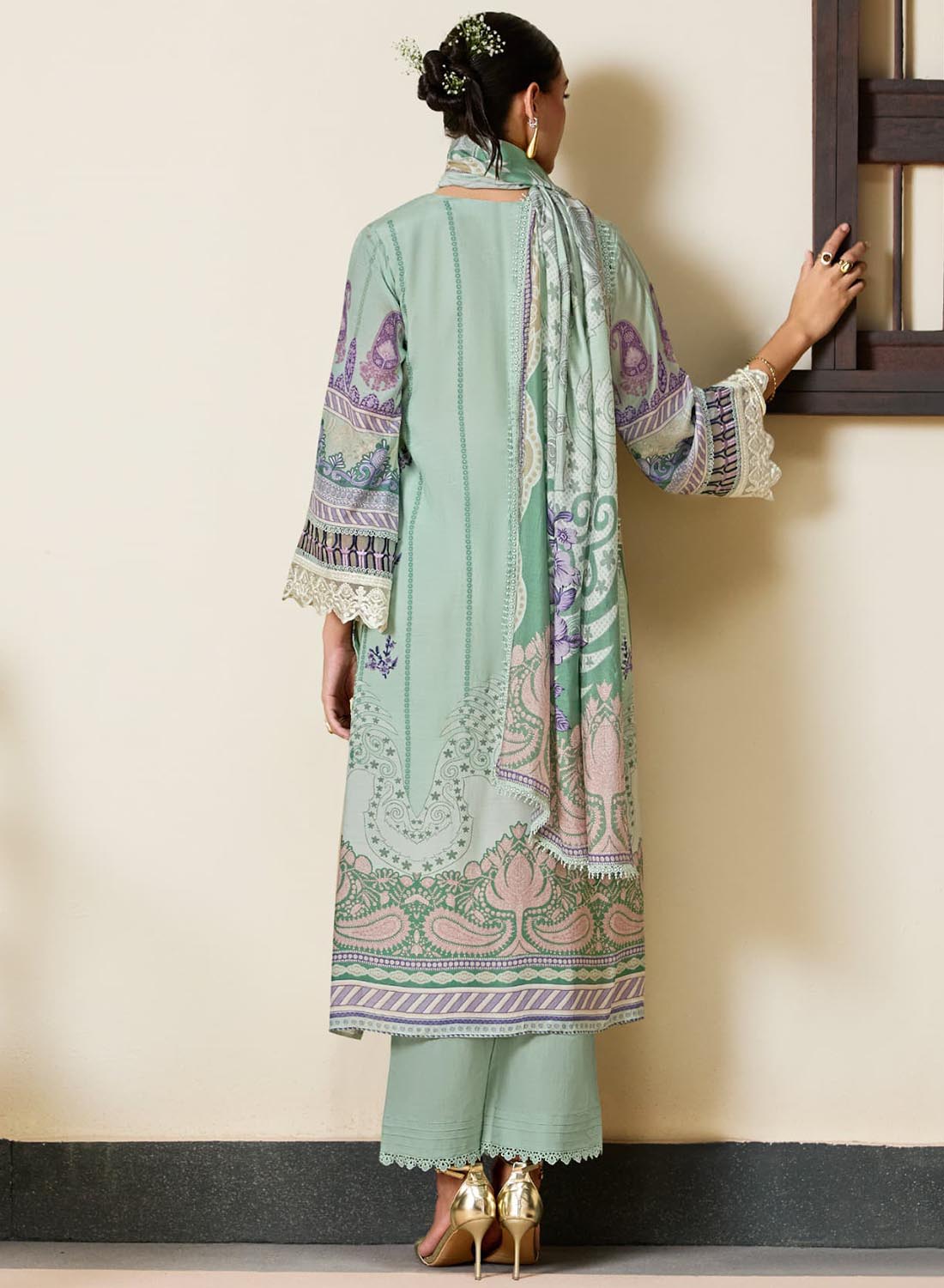 Green Unstitched Muslin Pakistani Suit Dress Material with Embroidery