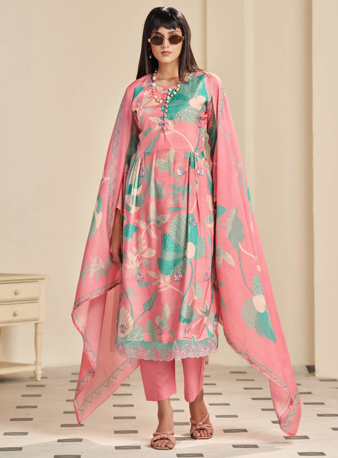Party Wear Pure Muslin Pink Unstitched Salwar Suit Material for Women