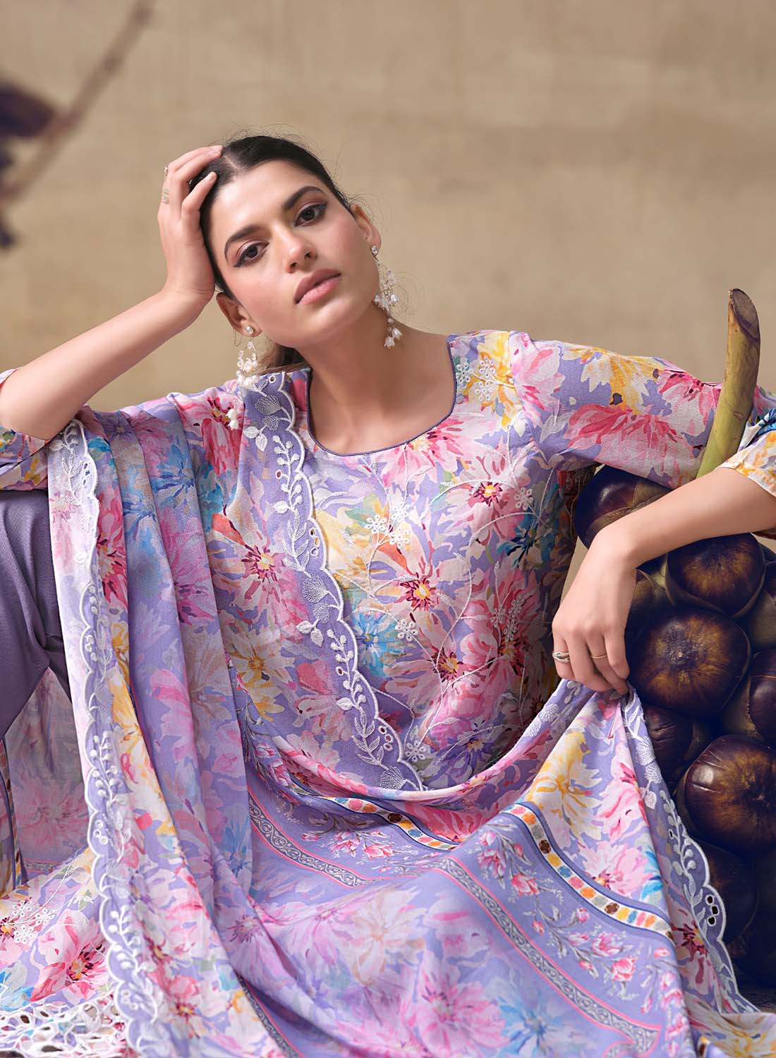 Purple Lawn Cotton Unstitched Suit Dress Material with Chikankari Embroidery