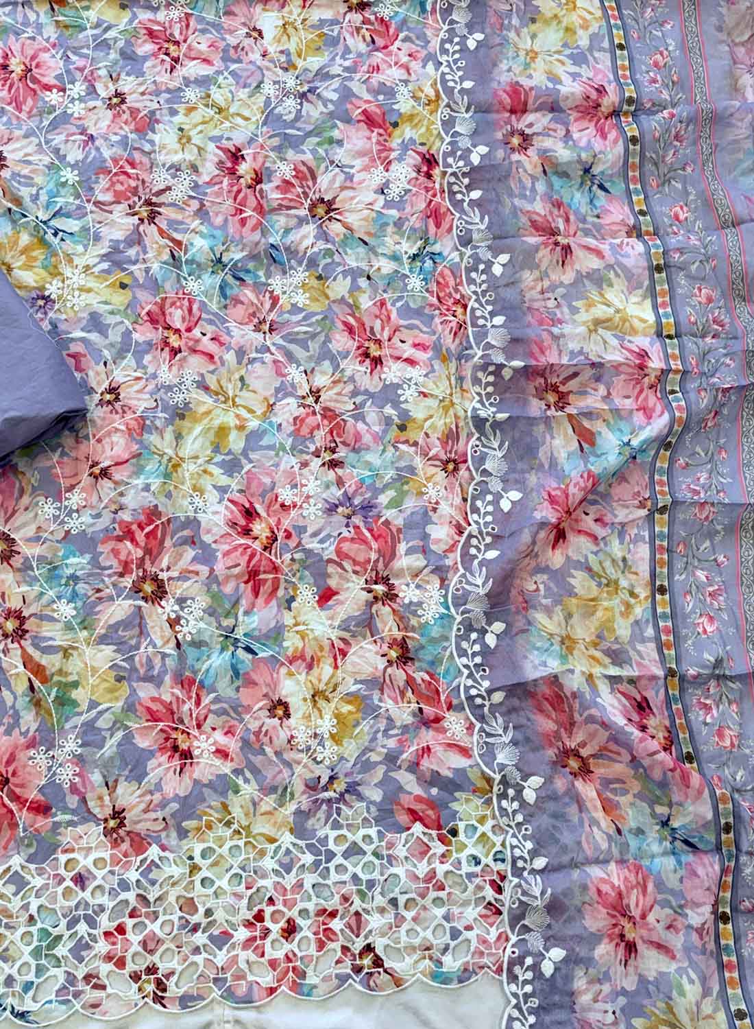 Purple Lawn Cotton Unstitched Suit Dress Material with Chikankari Embroidery