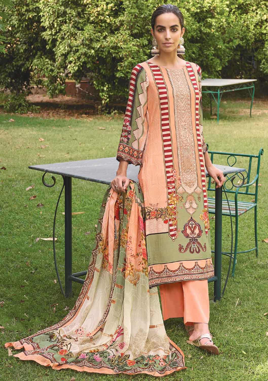 AQSA Unstitched Cotton Pakistani Salwar Suit with Embroidery Peach AQSA