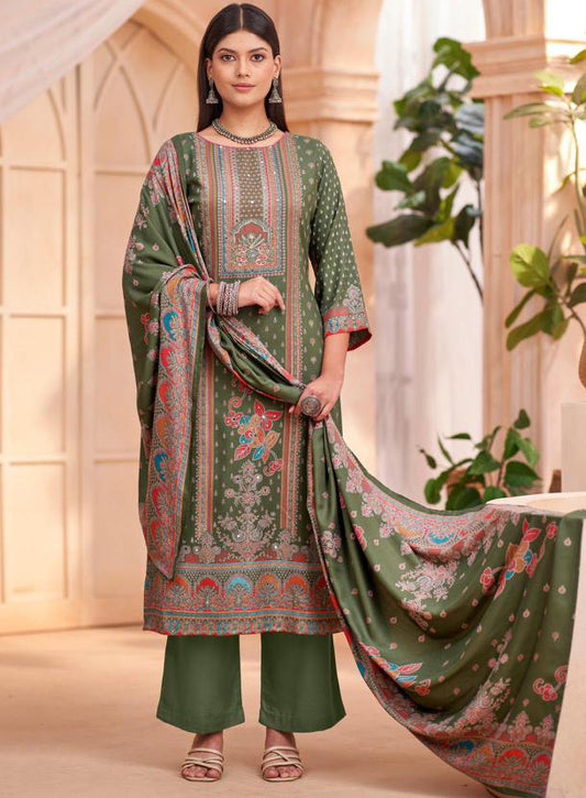 Green Pashmina Unstitched Winter Salwar Suit Set Material for Women