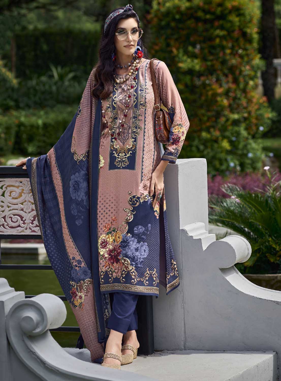 Pakistani Print Pashmina Blue Unstitched Winter Suits for Women Cinderella