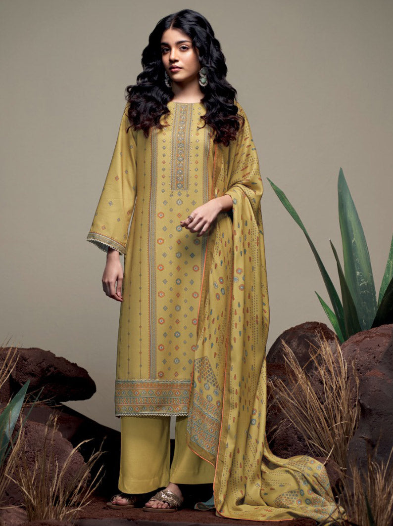 Ganga Olive Green Woolen Pashmina Winter Unstitched Suit Dress Material