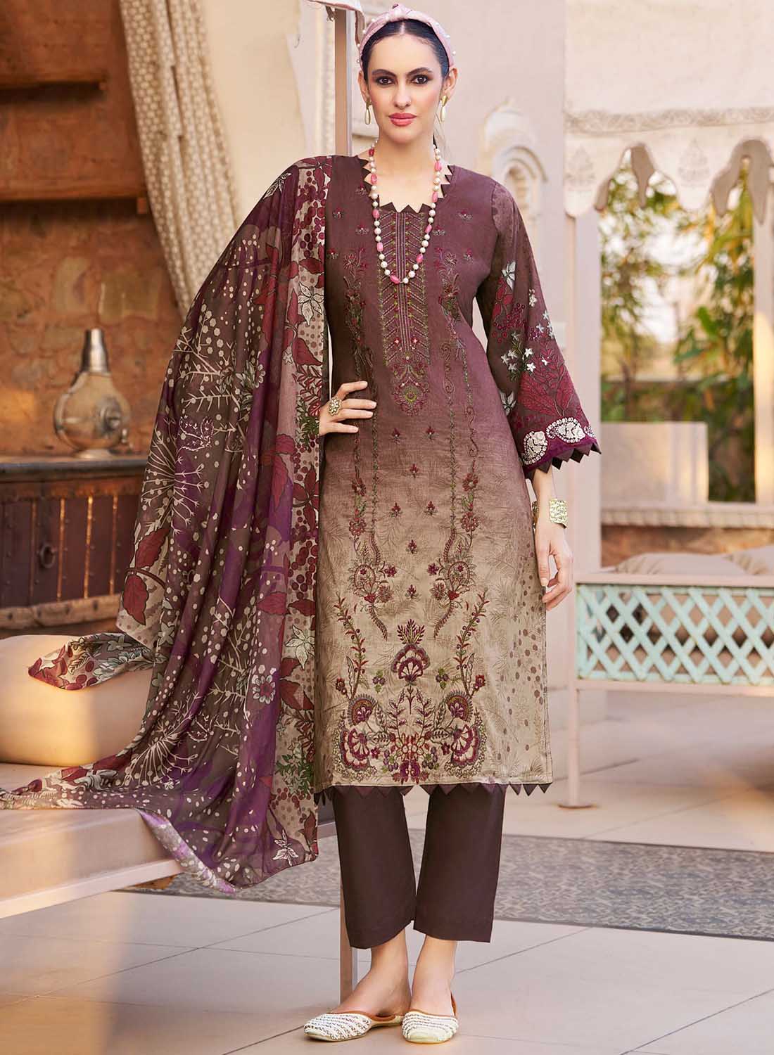 Pure Cotton Pakistani Print Unstitched Salwar Suit Fabric with Embroidery