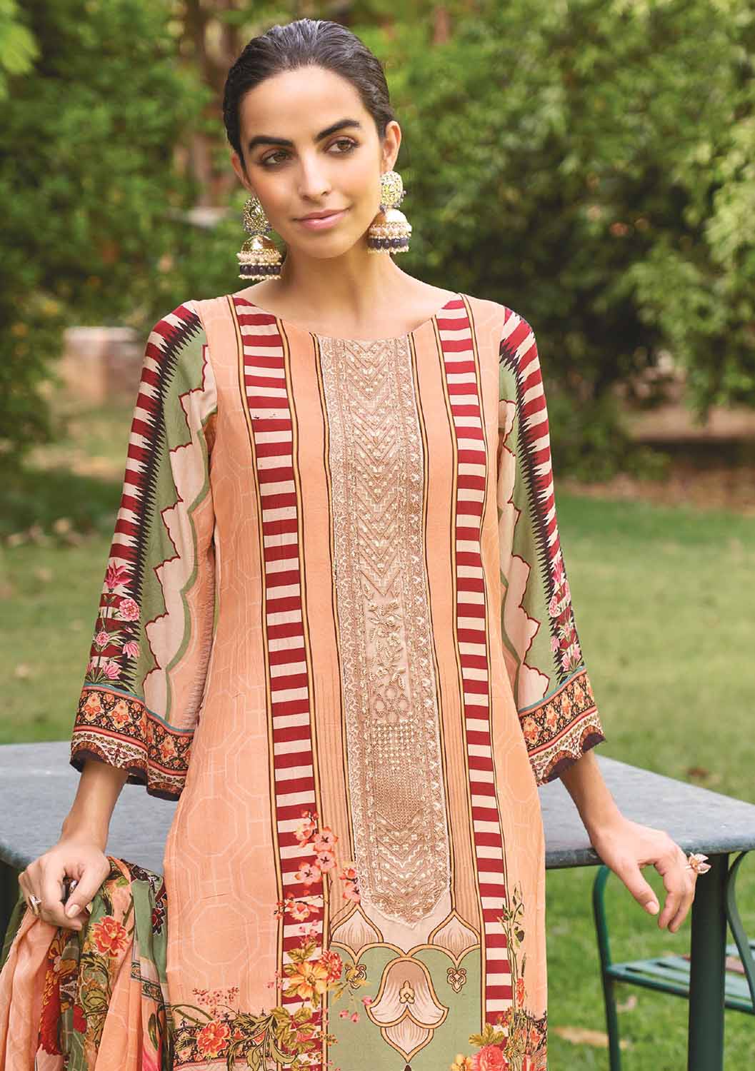 AQSA Unstitched Cotton Pakistani Salwar Suit with Embroidery Peach AQSA