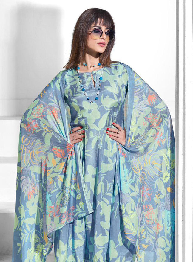 Party Wear Pure Muslin Blue Unstitched Suit Dress Material for Women