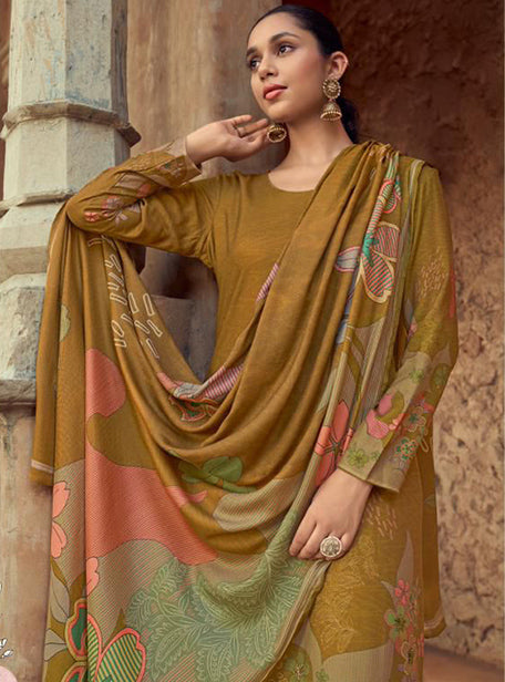 Mustard Brown Winter Pashmina Unstitched Salwar Suit Set Material for Women