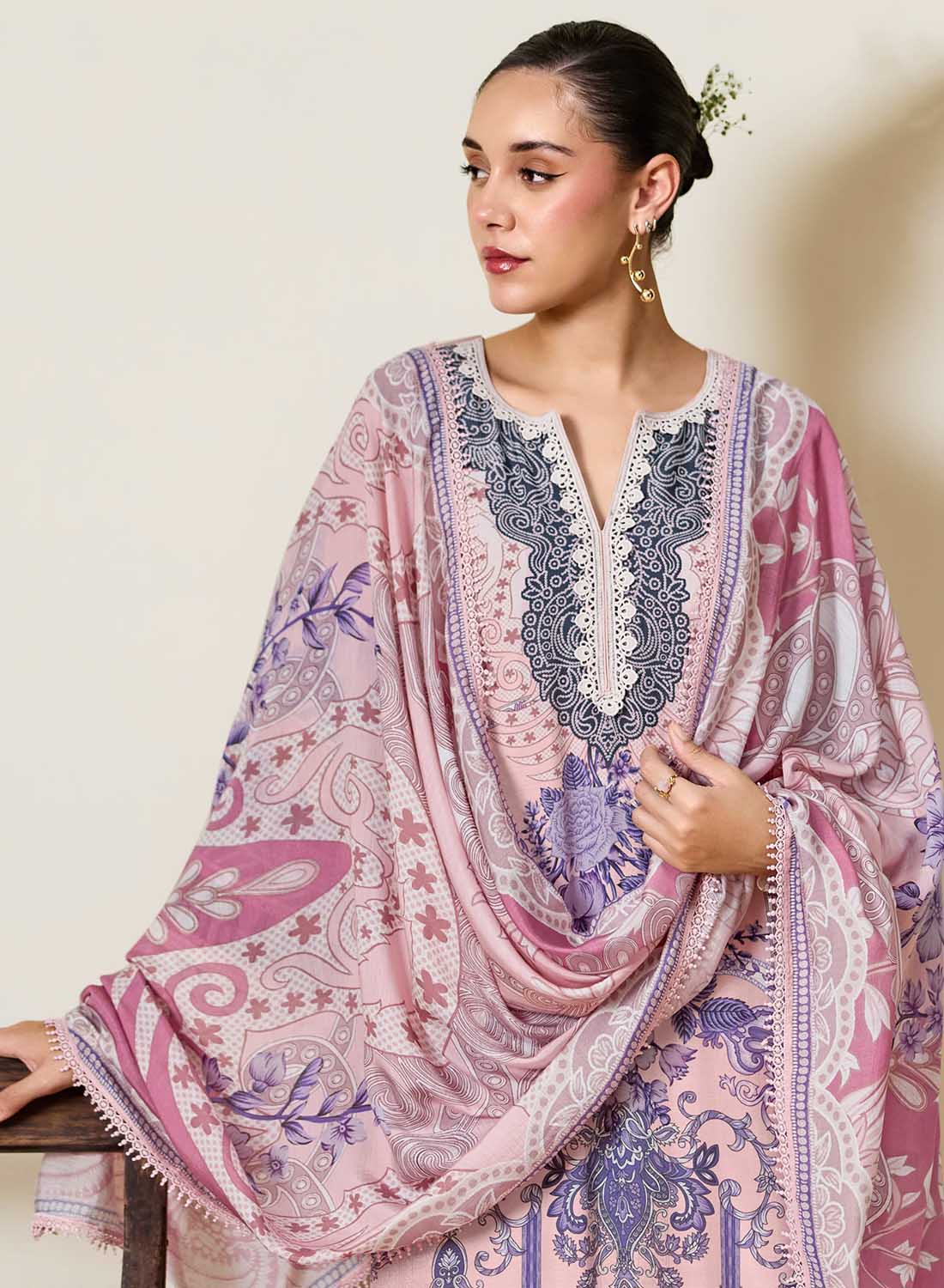 Pink Unstitched Muslin Pakistani Suit Dress Material with Embroidery
