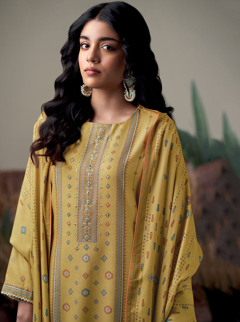 Ganga Olive Green Woolen Pashmina Winter Unstitched Suit Dress Material