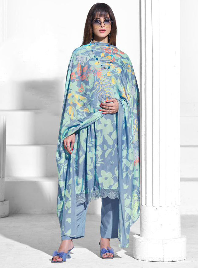 Party Wear Pure Muslin Blue Unstitched Suit Dress Material for Women