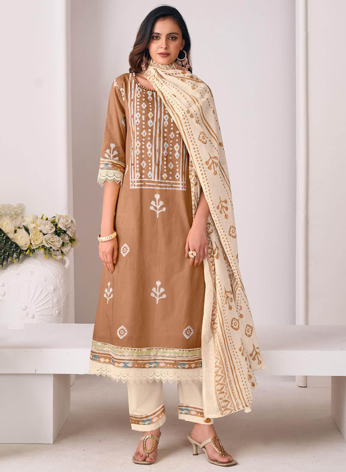 Block Print Brown Unstitched Cotton Suit Dress Material with Dupatta