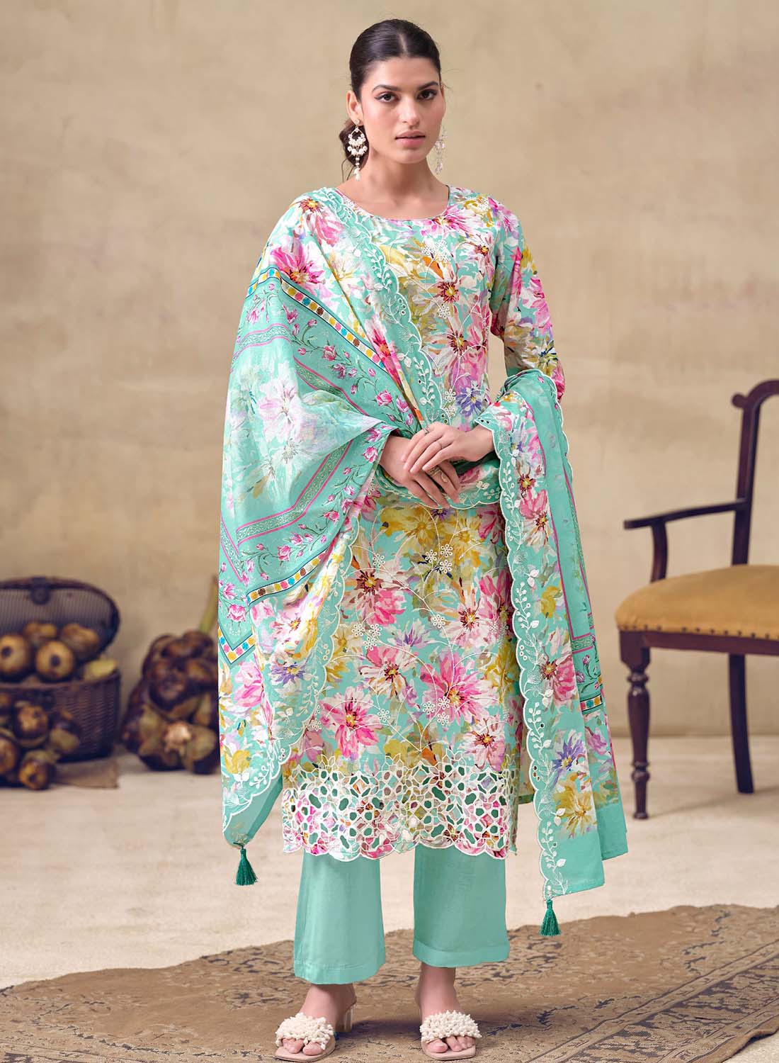 Lawn Cotton Unstitched Salwar Suit Material with Chikankari Embroidery