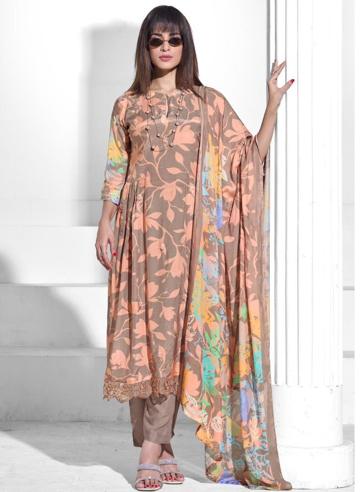 Party Wear Pure Muslin Brown Unstitched Suit Dress Material for Women