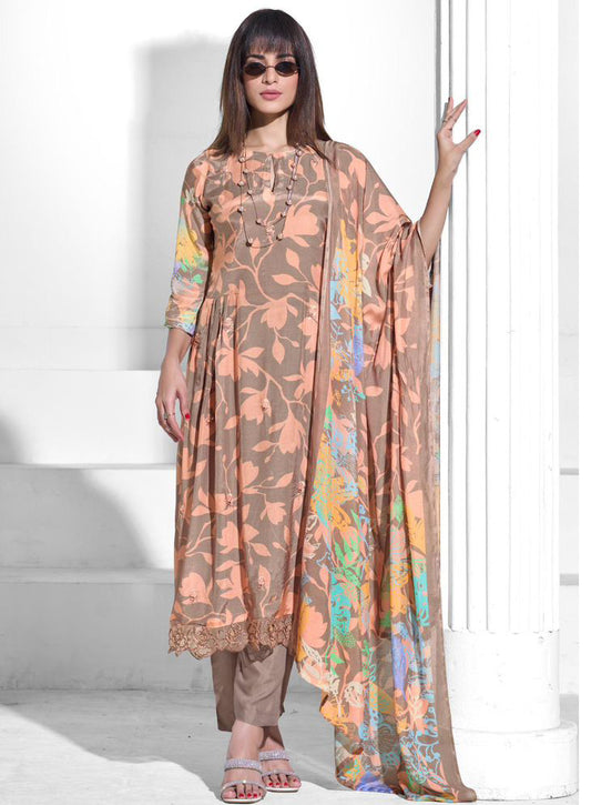 Party Wear Pure Muslin Brown Unstitched Suit Dress Material for Women
