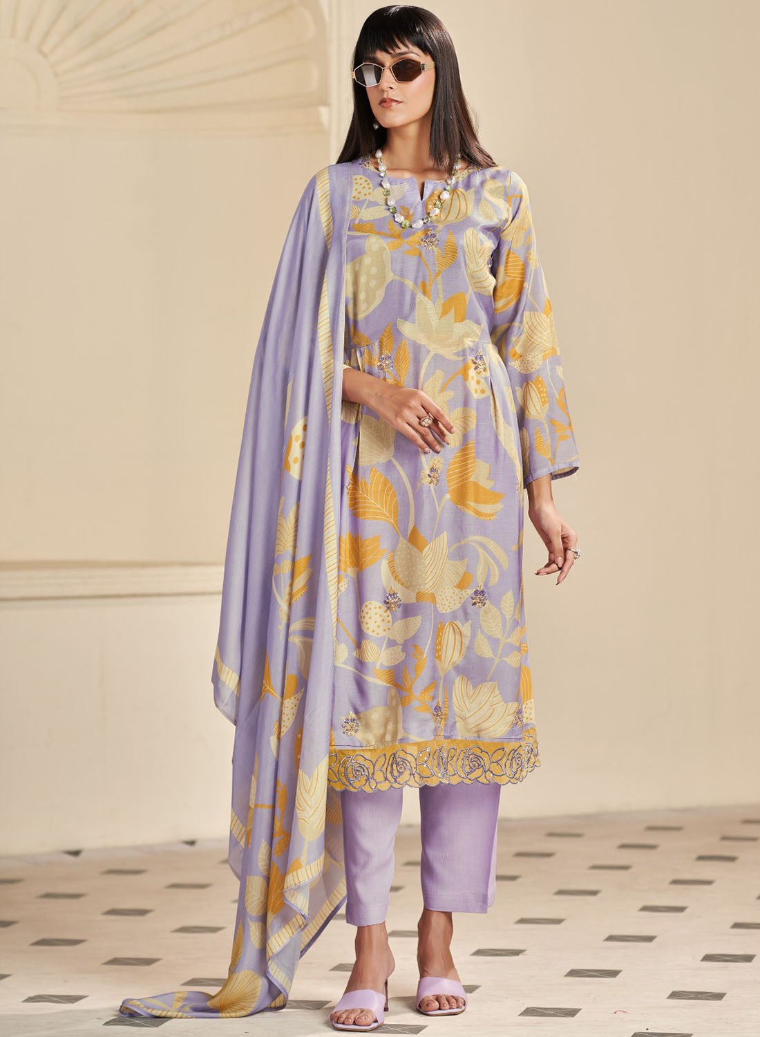 Party Wear Pure Muslin Purple Unstitched Salwar Suit Material for Women